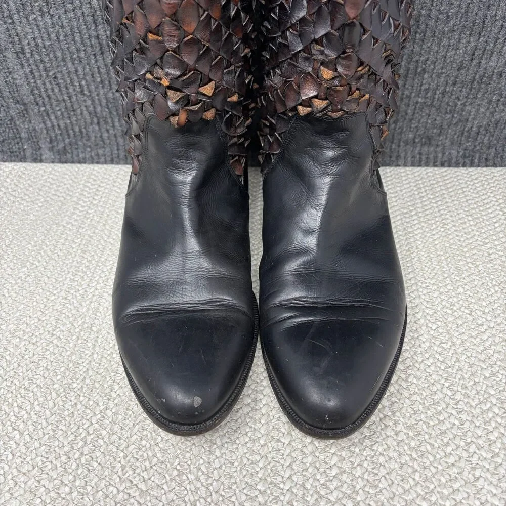 Lorenzo Banfi Woven Mid Calf Leather Boots Black Brown Italy Mens 12